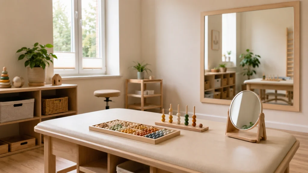 Heller Therapieraum mit Galaxy Mirror Maple und niedrigem Tisch, Spiegel und Holzperlen-Material sichtbar.