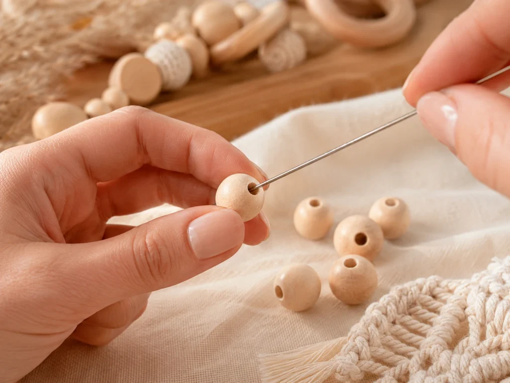Hand mit feiner Edelstahl-Fädelnadel, die durch eine Holzperle gleitet. Mehrere weitere Perlen warten daneben. Aktives Basteln-Setting.