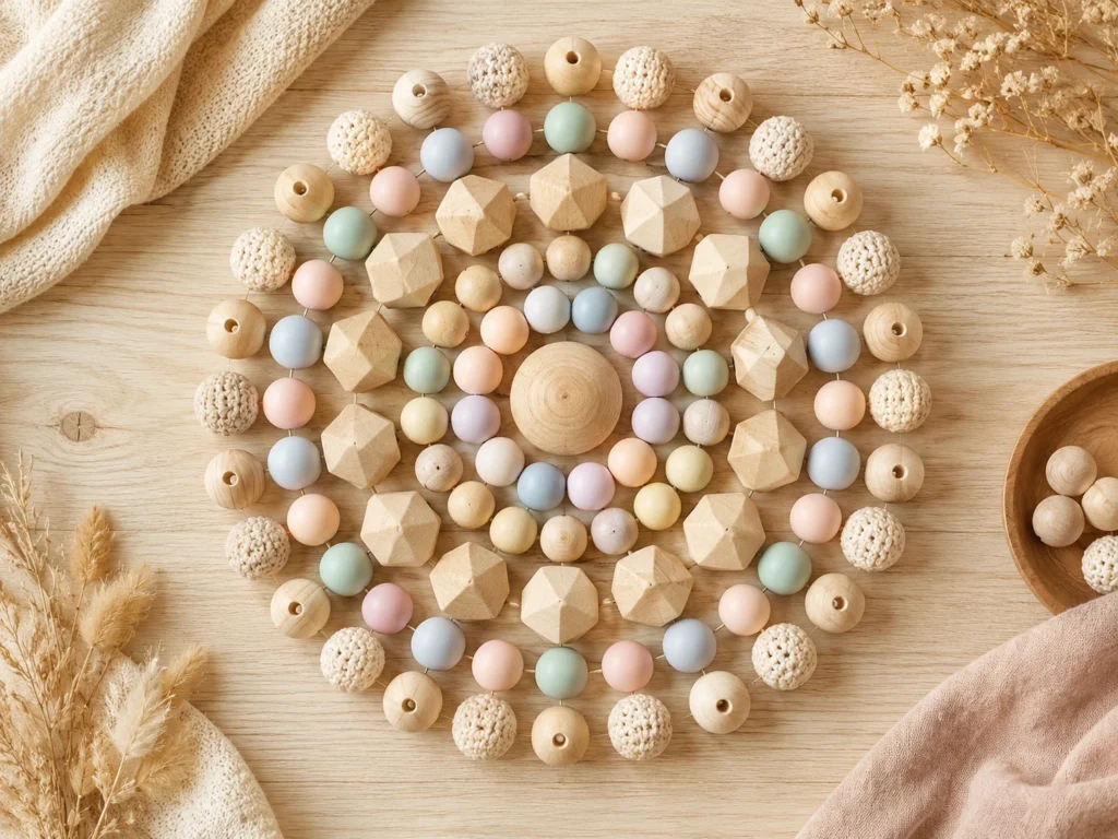 Holzperlen-Mandala auf hellem Holztisch — kreisförmiges Muster, künstlerisch komponiert.