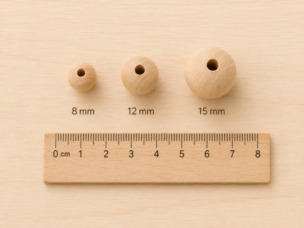 Drei Holzperlen nebeneinander (8 mm, 12 mm, 15 mm) für den Größenvergleich, mit Maßstab daneben.