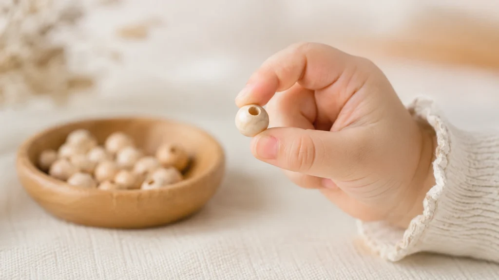 Kinderhand mit Pinzettengriff hält eine 10 mm-Holzperle, im Hintergrund Schale mit weiteren Perlen.