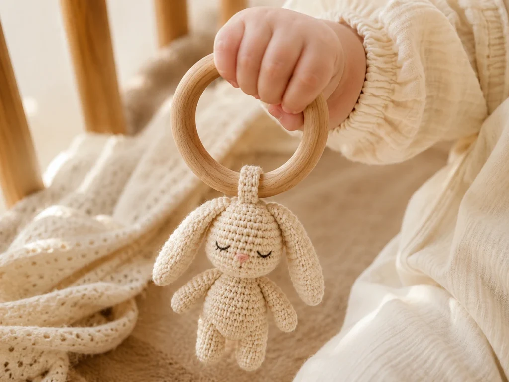 Babyhand greift den fertigen Greifling, Häkeltier hängt sichtbar nach unten. Fokus auf Babyhand.