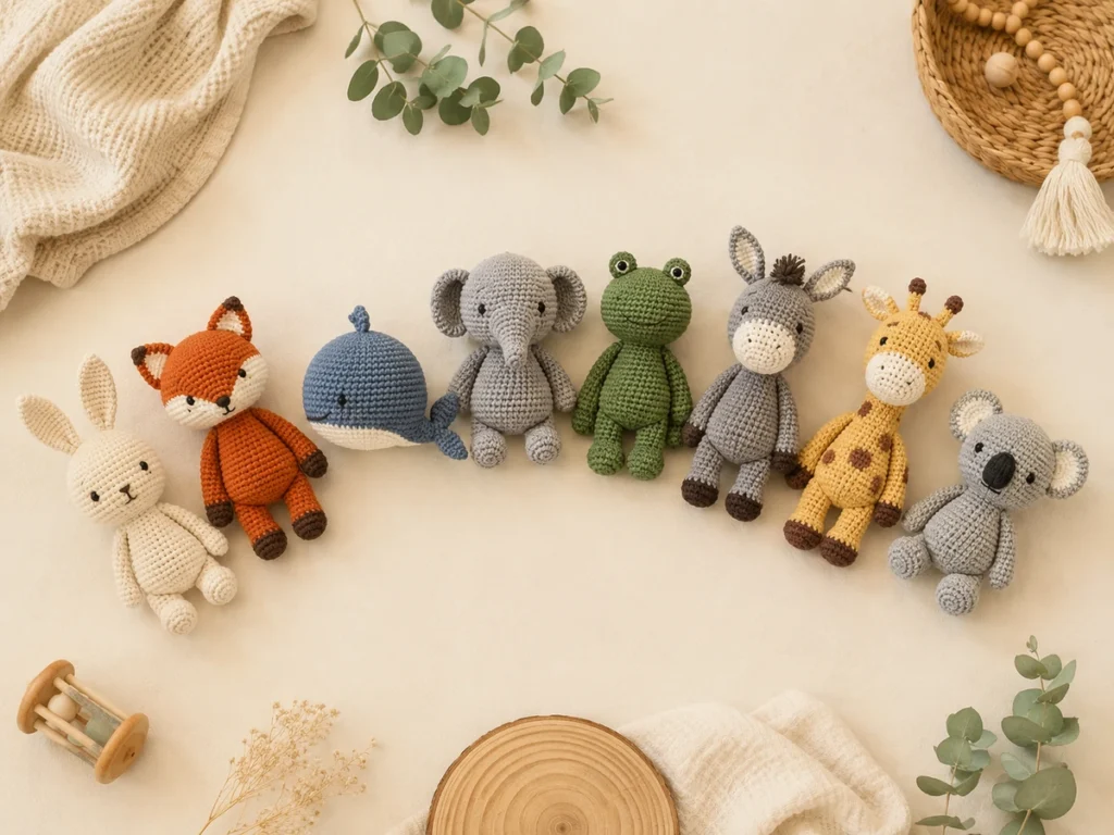 Acht verschiedene Häkeltiere (Hase, Fuchs, Wal, Elefant, Frosch, Esel, Giraffe, Koala) im Halbkreis arrangiert.