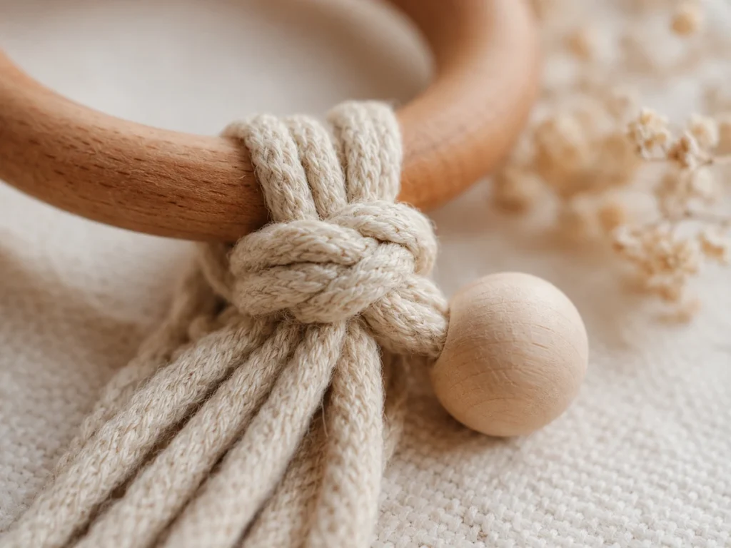 Makroaufnahme des Knotens an einem Holzring, daneben die Sicherheitsperle.