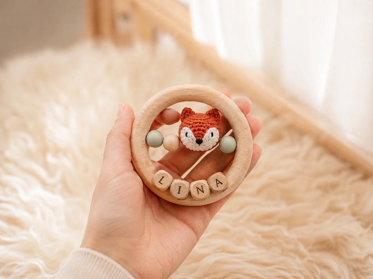 Greifling Holz mit personalisierten Buchstabenperlen für Namen — Kiki-Ena Babygeschenk