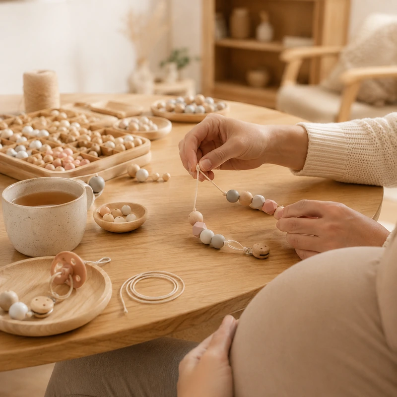Mama-Workshop mit Schwangerschafts-Bauch im Hintergrund, Frauenhände basteln eine Schnullerkette aus Pastell-Holzperlen.