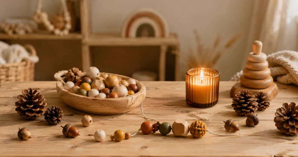 Holztisch mit Tannenzapfen, Eicheln, Holzperlen in Herbsttönen, brennende Kerze, warmes Abendlicht.