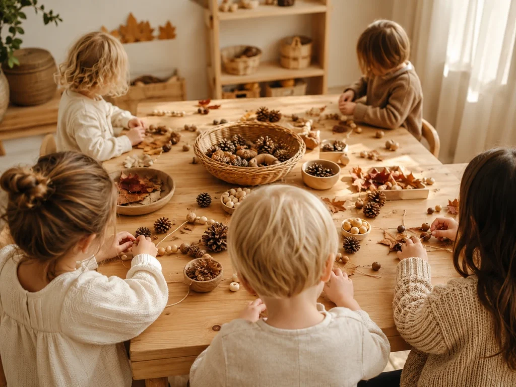 Kindergruppe am großen Tisch beim Basteln (Hände sichtbar), konzentrierte Atmosphäre.