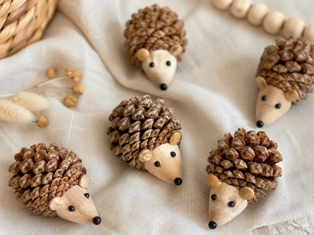 Nahaufnahme mehrerer Tannenzapfen-Igel mit Holzperlen-Augen auf Naturleinen.