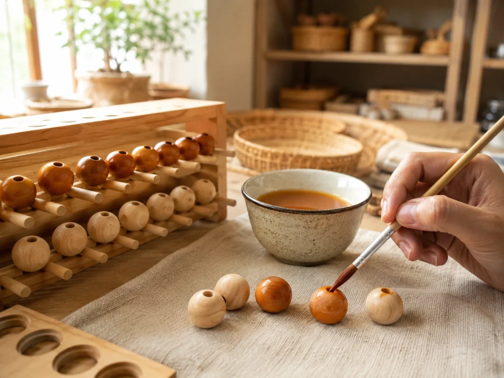 Workshop-Aufnahme: Holzperlen werden in einer kleinen Werkstatt mit Lebensmittellack auf Wasserbasis gefärbt. Pinsel, Lackbecher, Trocknungsgestell — Handwerks-Stimmung.