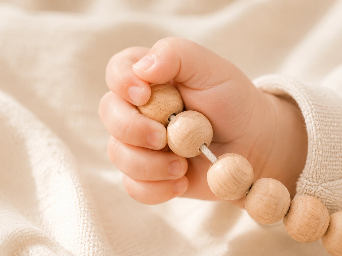 Babyhand greift Buchen-Holzperlen Macro Close-up — Kiki-Ena Bastelmaterial Naturholz