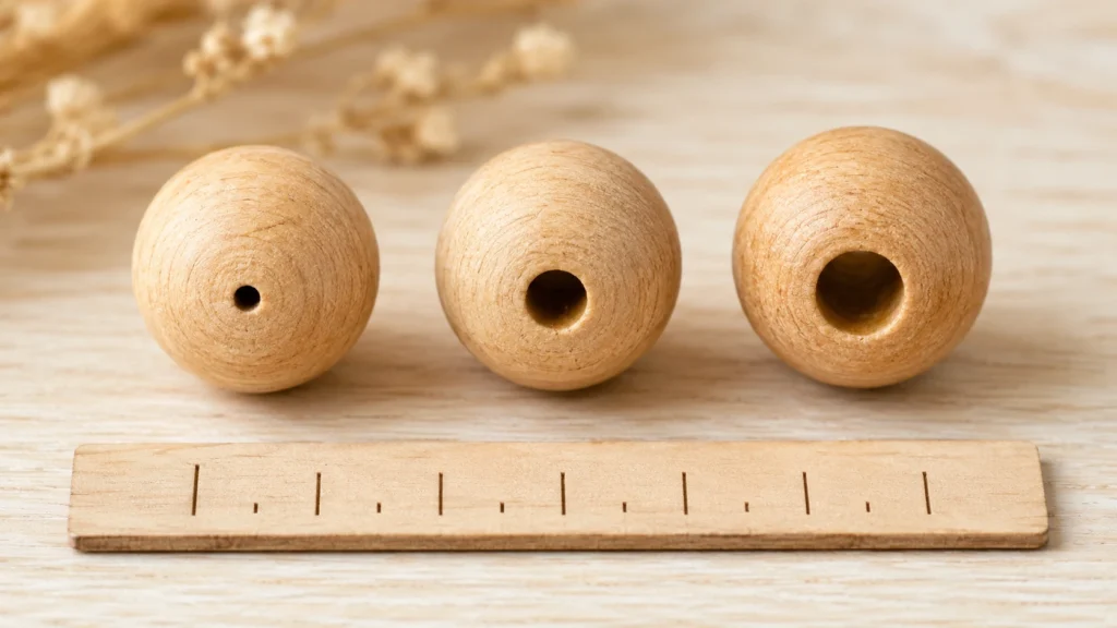 Makro-Aufnahme von drei Holzperlen nebeneinander, jeweils mit 2 mm, 3 mm und 4 mm Bohrung. Kleine Maßstabsleiste daneben, sehr klare Beleuchtung.