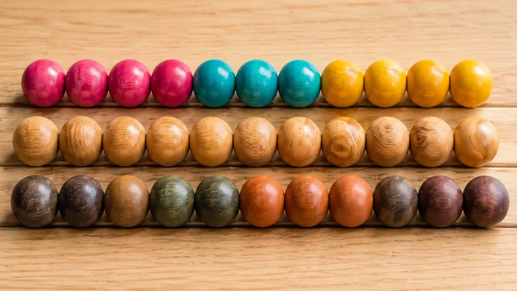 Drei Reihen Holzperlen nebeneinander: Reihe 1 leuchtende Lebensmittellack-Perlen (Pink, Türkis, Gelb), Reihe 2 mit Bienenwachs versiegelte Naturperlen mit sichtbarer Maserung, Reihe 3 mit Hartöl behandelte Oxidpigment-Perlen in Erdtönen.
