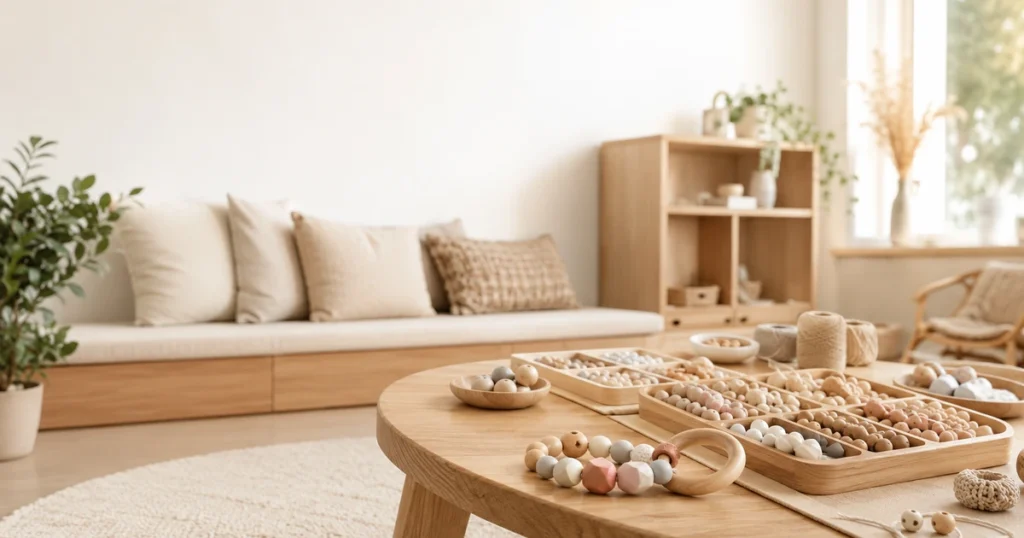 Helles modernes Wartezimmer mit niedrigem Holz-Spieltisch, Holzperlen-Sets und Greifling — skandinavisches Design für Hotels, Praxen und Therapieräume.
