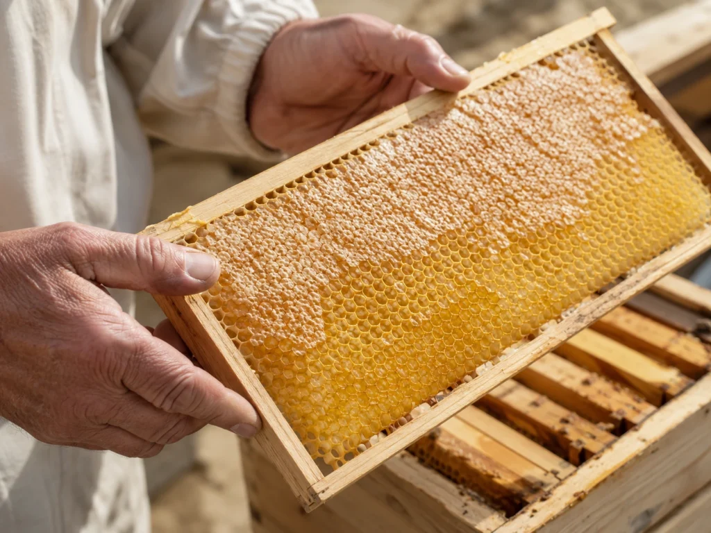 Dokumentarische Aufnahme eines Imkers (nur Hände), der einen Wabenrahmen mit goldgelben Waben in der Hand hält. Naturnähe und Handwerk.