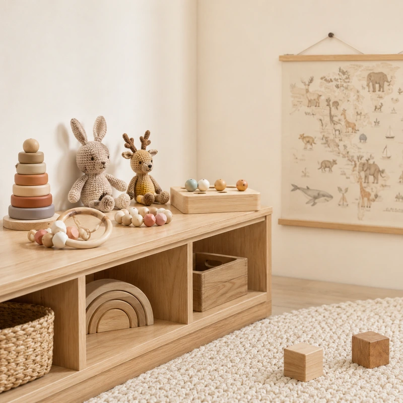Wartezimmer-Spielecke in einer Kinderarztpraxis mit Greiflingen, Häkeltieren und Holzperlen-Sortierbox in Kinderhöhe.