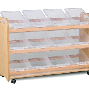 Kippbare Aufbewahrungsbox mit 12 transparenten Behältern — Millhouse Lernspielzeug Schule