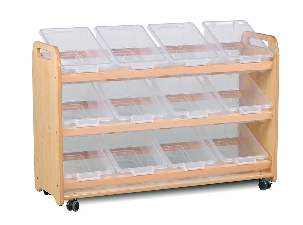 Kippbare Aufbewahrungsbox mit 12 transparenten Behältern — Millhouse Lernspielzeug Schule