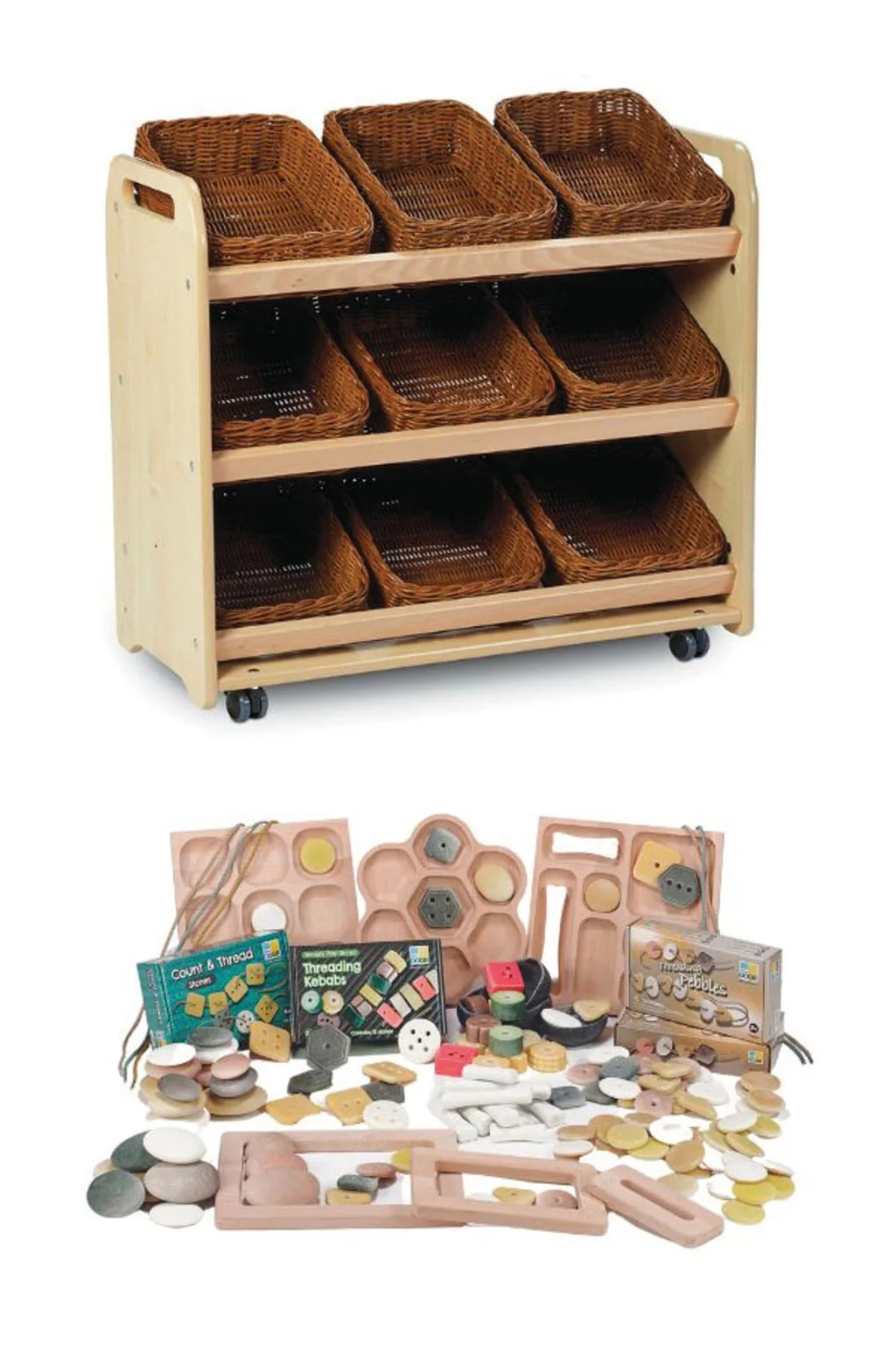 Kippbare Aufbewahrungsbox mit 9 Körben plus PT1146 Kleinteileset — Millhouse Lernspielzeug Schule