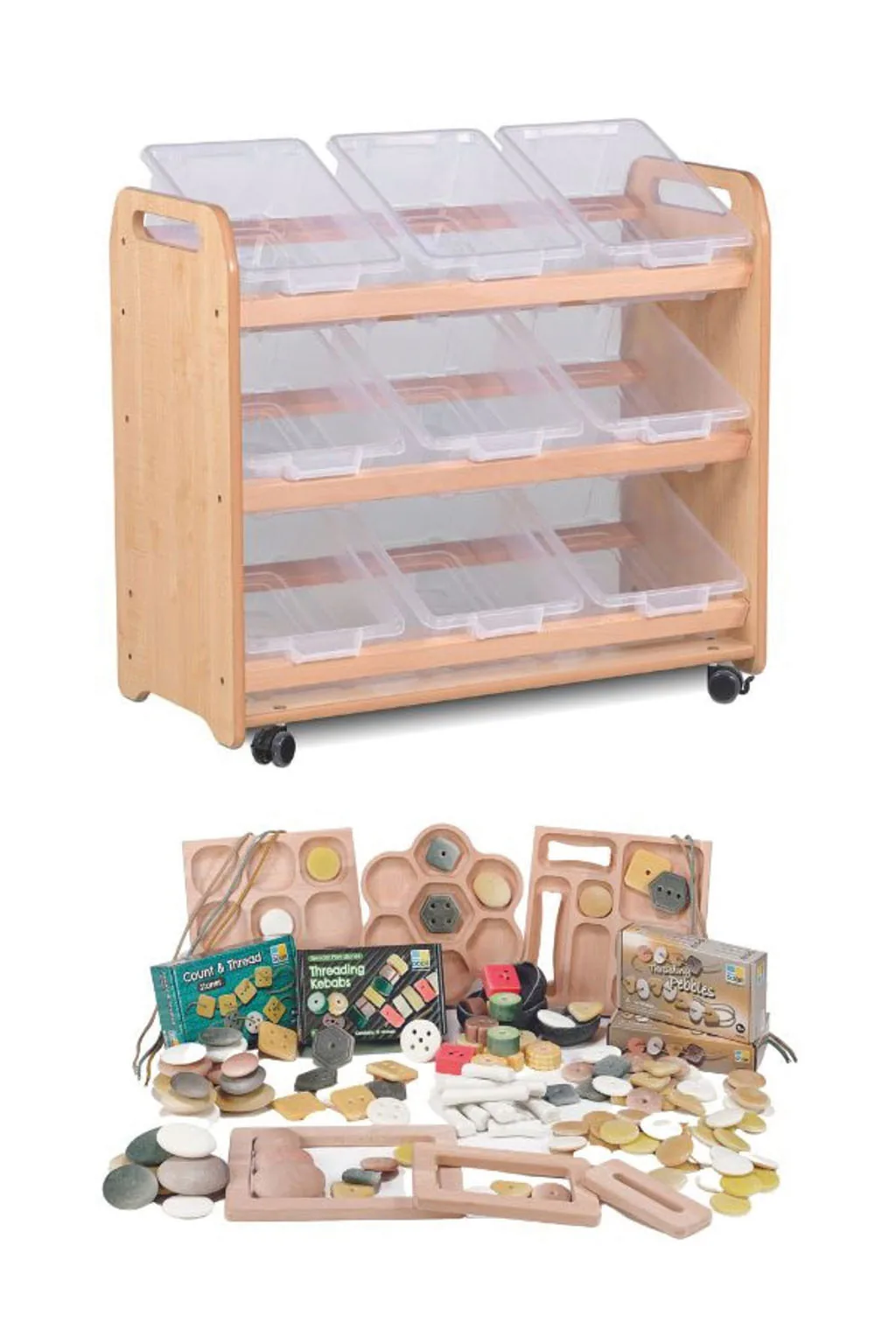 Kippbare Aufbewahrungsbox mit 9 transparenten Behältern plus PT1146 Kleinteileset — Millhouse Lernspielzeug Schule