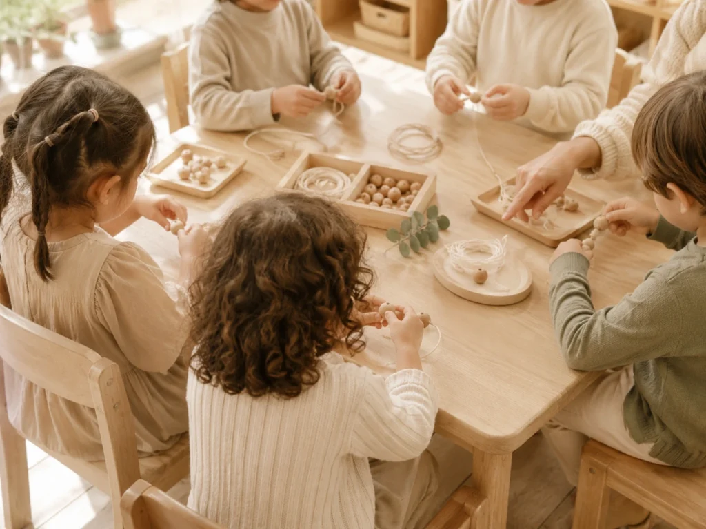 Kinderhaende beim Basteln in der Kita-Gruppe
