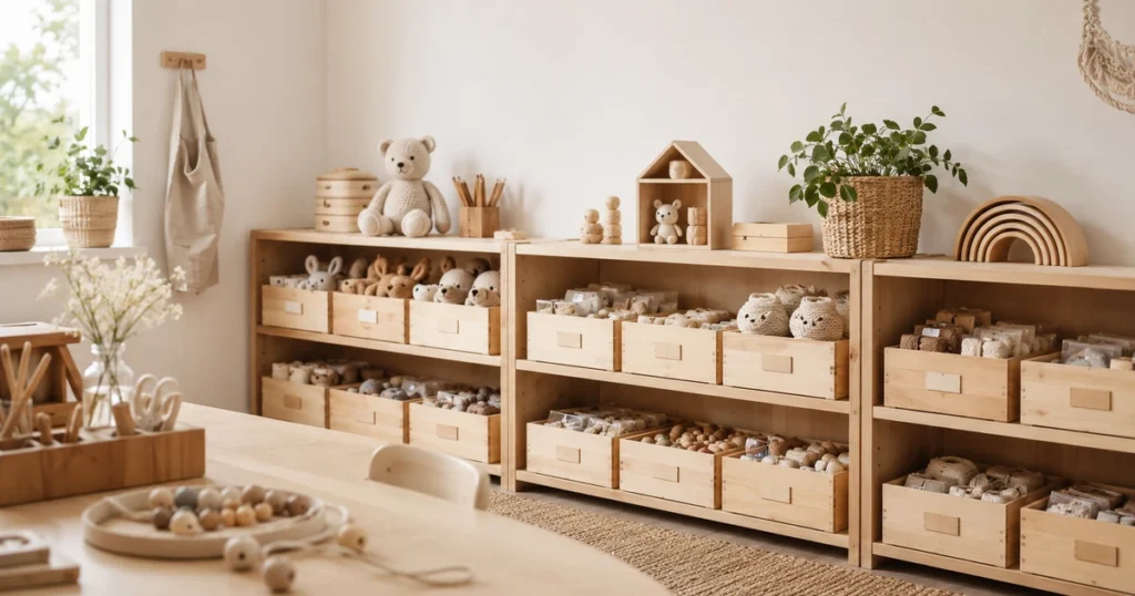 Übersicht eines Kita-Materialraums mit beschrifteten Boxen für Holzperlen, Häkeltiere, Schnüre und Sets. Aufgeräumte Regale, warmes Licht.