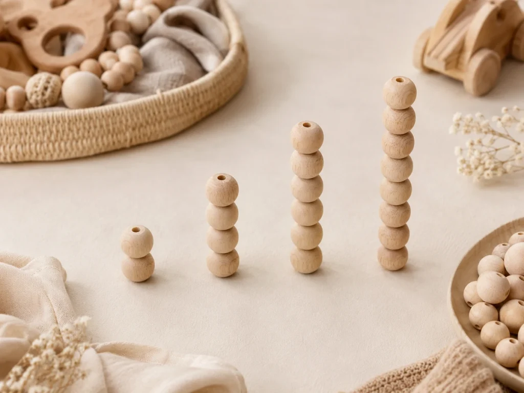 Visuelle Stufen-Komposition: Vier Holzperlen-Stapel in steigender Höhe, jeweils mehr Perlen sichtbar. Symbolik für Mengenrabatt.