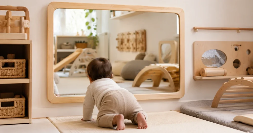 Galaxy Mirror Maple in einem hellen Sensorikraum, ein Kind (nur Hinterkopf) betrachtet sein Spiegelbild.