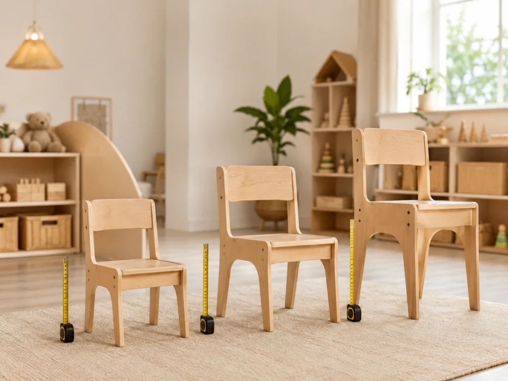 Visuelle Sitzhöhen-Komposition nach Alter mit Silhouetten/Möbeln in drei Stufen nebeneinander.
