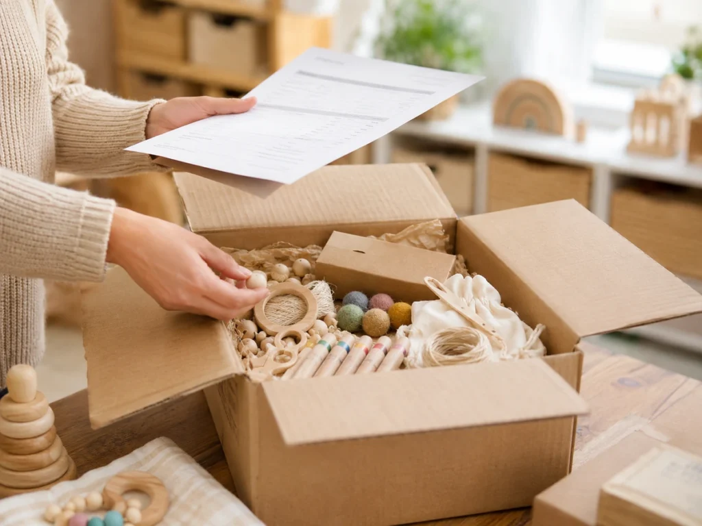 Erzieherin (nur Hände) und Karton im Wareneingang, Lieferung wird gegen Lieferschein geprüft.