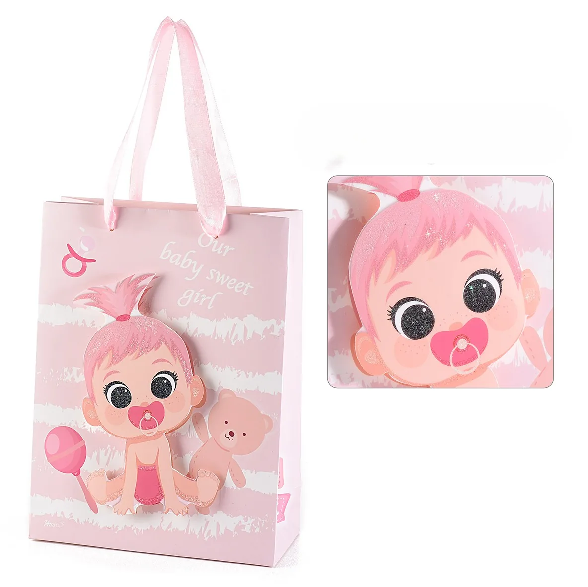 Kleine Geschenktüte mit 3D-Babymotiv - rosa — Kiki-Ena Bastelmaterial Naturholz