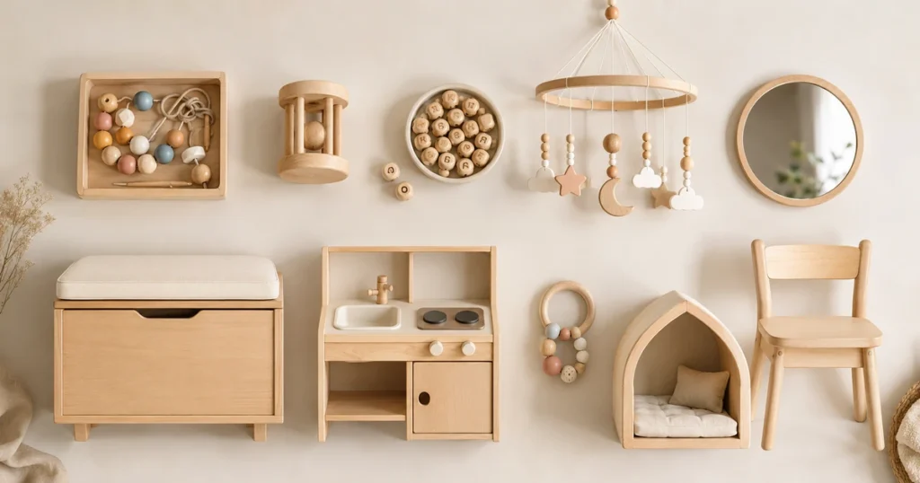 Übersichtsbild aller 10 Holz-Klassiker (Fädelset, Greifling, Buchstabenperlen, Mobile, Spiegel, Stuhl, Bank, Aktivitätsküche, Beißring, Höhle) auf einem hellen Tisch arrangiert.