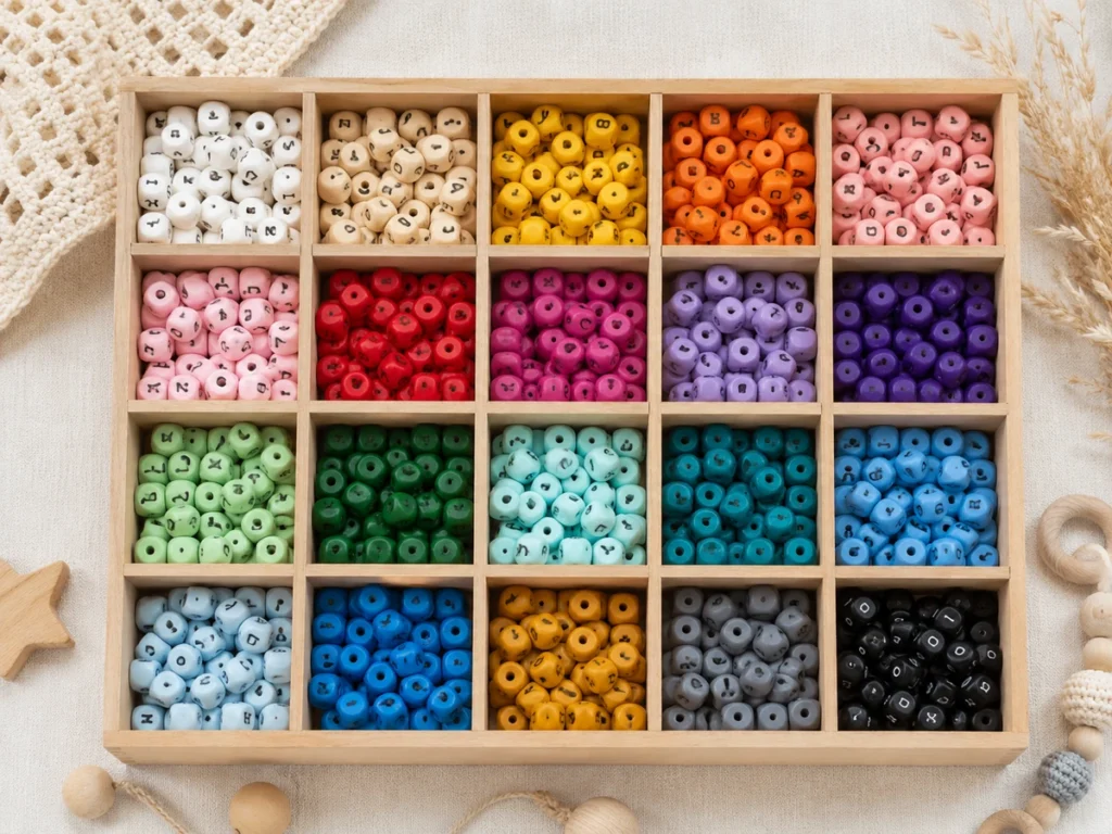 Detail Buchstabenperlen, sortiert nach Farben in einer Holzbox mit Fächern.