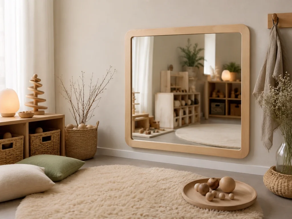 Galaxy Mirror Maple in einer Krippen-Sensorik-Ecke, weiches Tageslicht.