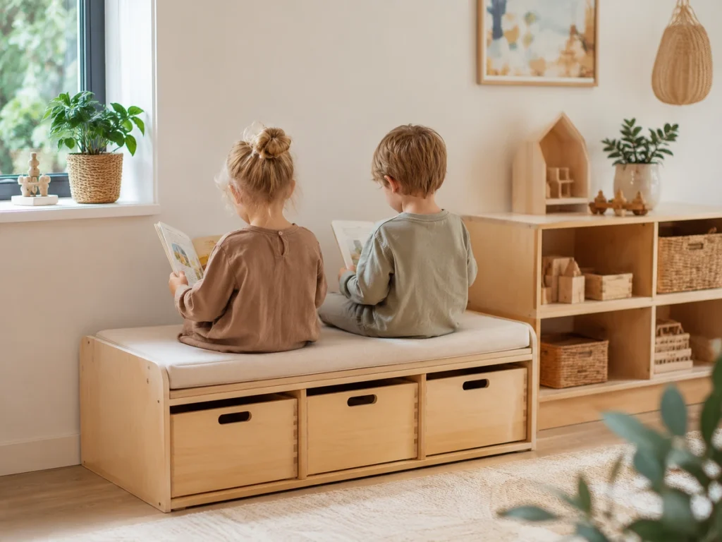 Sitzkissen-Aufbewahrungsbank in Kita, Kinder sitzen und lesen (Hinterköpfe sichtbar).