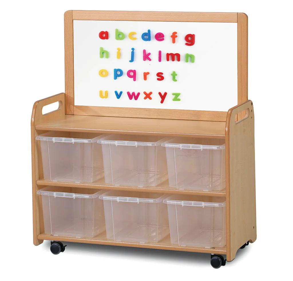 Mobile Einheit mit magnetischer Whiteboard-Aufsatzplatte und 6 transparenten Behältern — Millhouse Lernspielzeug Schule