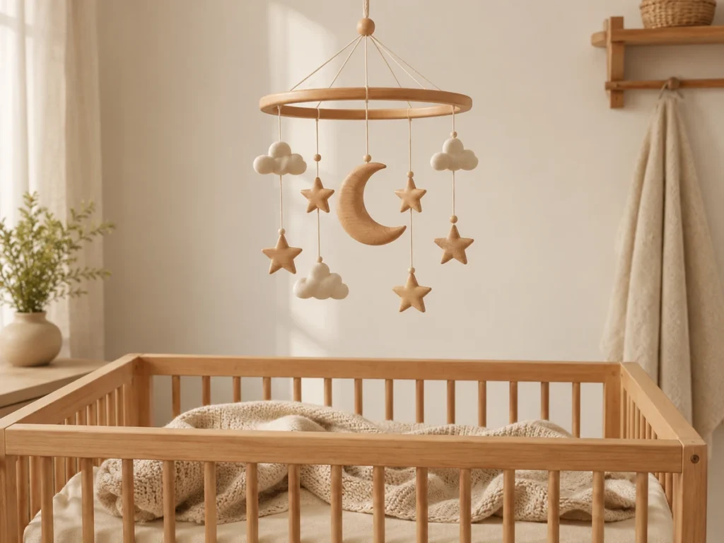 Fertiges Mobile mit Mond, Sternen und Wolken haengt ueber leerem Babybett mit Strick-Babydecke. Front-View, weiches Tageslicht, intimes Kinderzimmer-Setting. KEINE Babys.