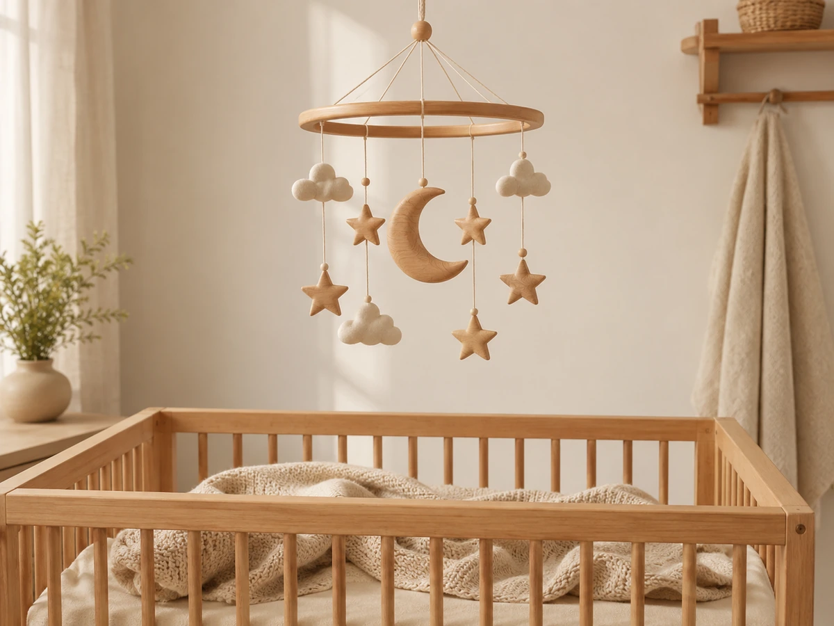Fertiges Baby-Mobile mit Mond Sternen Wolken über Babybett — Kiki-Ena Kinderzimmer