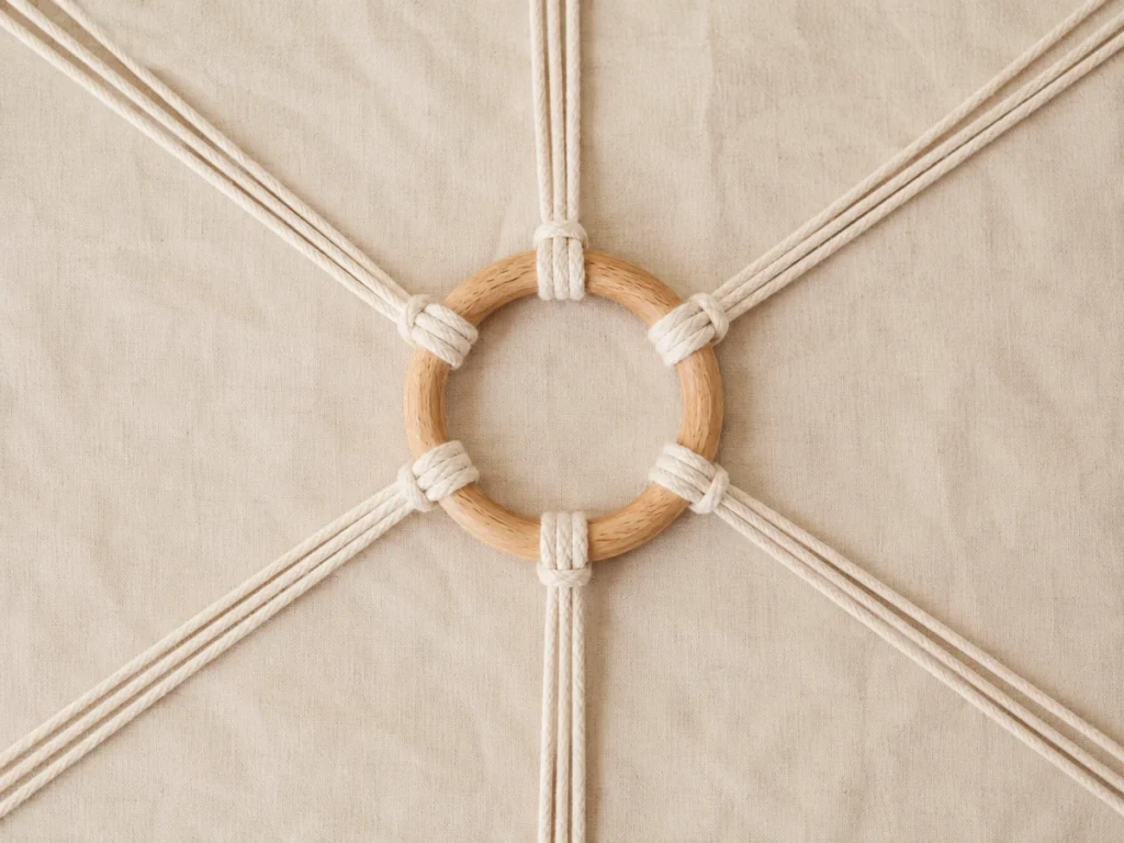 Holzring mit 6 symmetrisch angeordneten Haengefaeden gerade befestigt, von oben fotografiert. Klare Geometrie-Ansicht, Vorbereitung fuer naechsten Bastel-Schritt. Auf cremefarbenem Tisch.