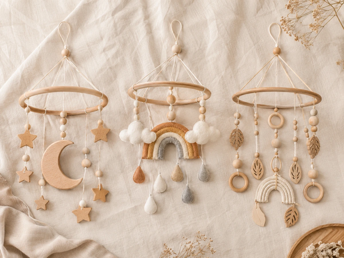 Drei Baby-Mobile-Stile im Vergleich: Mond-Sterne, Wolken-Regenbogen, Boho minimalist — Kiki-Ena
