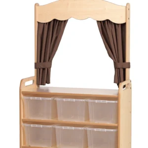 mobile Theaterregal mit Vorhang und 6 transparenten Aufbewahrungsboxen in Taupe — Millhouse Lernspielzeug Schule