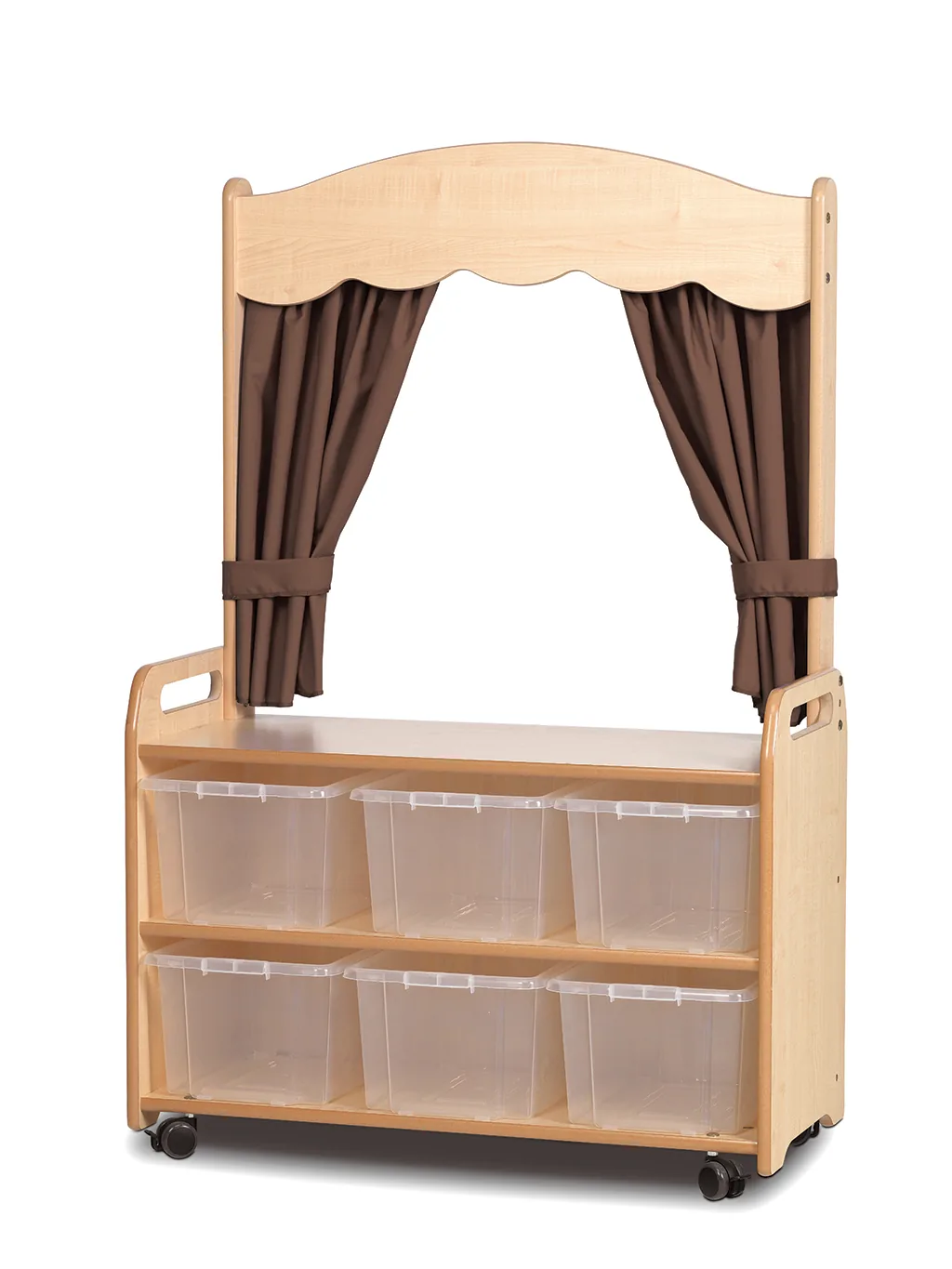 mobile Theaterregal mit Vorhang und 6 transparenten Aufbewahrungsboxen in Taupe — Millhouse Lernspielzeug Schule