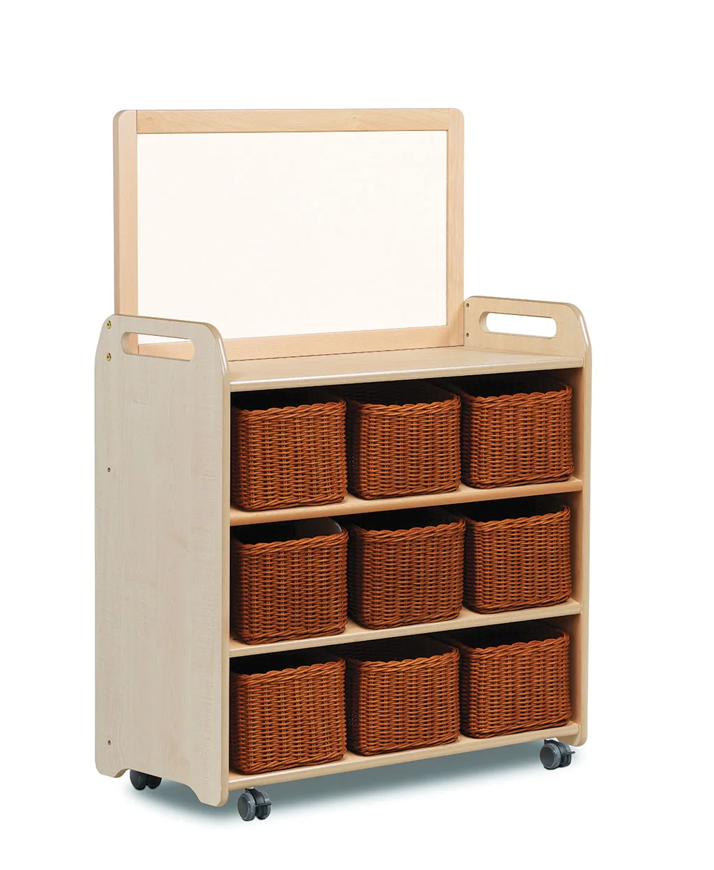Mobiles Regalsystem mit magnetischer Whiteboard-Aufsatzplatte und 9 Körben — Millhouse Lernspielzeug Schule