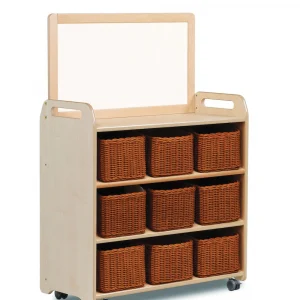 Mobiles Regalsystem mit magnetischer Whiteboard-Aufsatzplatte und 9 transparenten Behältern — Millhouse Lernspielzeug Schule