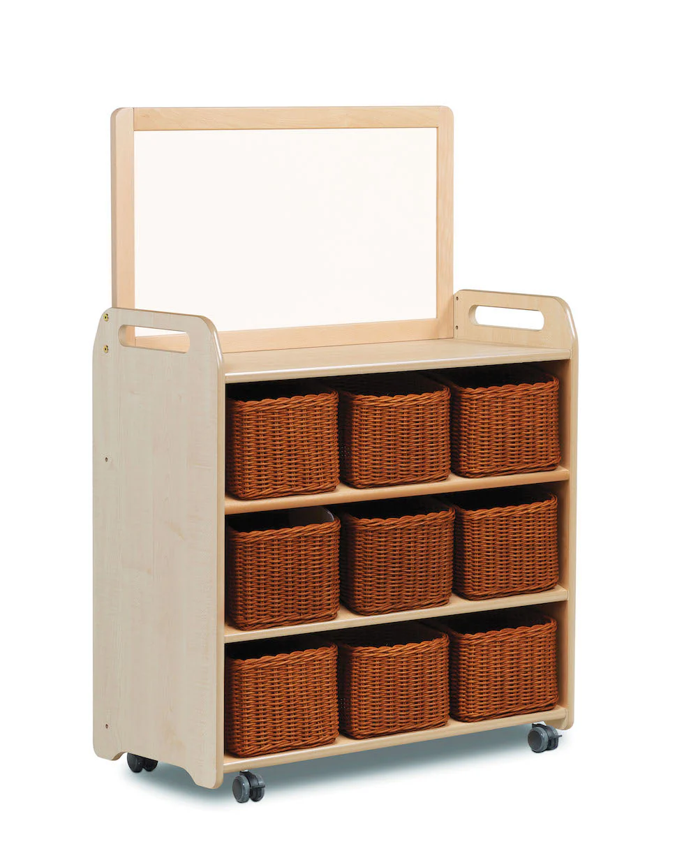 Mobiles Regalsystem mit magnetischer Whiteboard-Aufsatzplatte und 9 transparenten Behältern — Millhouse Lernspielzeug Schule