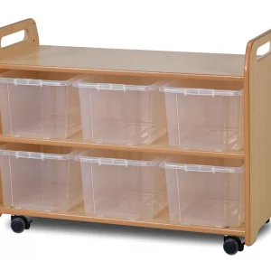 Mobiles Regalsystem mit Vitrine, verspiegelter Rückwand und 6 durchsichtigen Behältern — Millhouse Lernspielzeug Schule