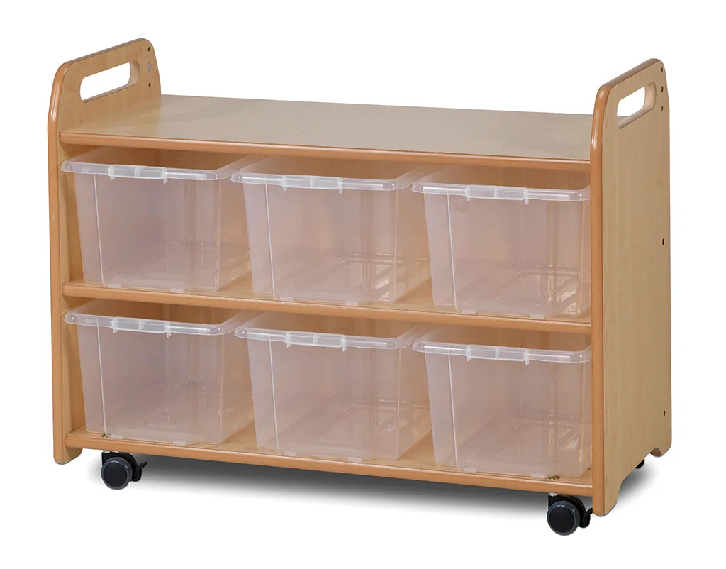 Mobiles Regalsystem mit Vitrine, verspiegelter Rückwand und 6 durchsichtigen Behältern — Millhouse Lernspielzeug Schule