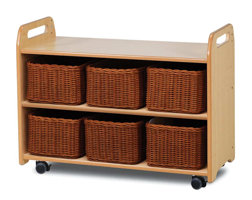 Mobiles Regalsystem mit Vitrine, verspiegelter Rückwand und 6 Körben — Millhouse Lernspielzeug Schule Mobiles Regalsystem mit Vitrine, verspiegelter Rückwand und 6 Körben — Millhouse Lernspielzeug Schule