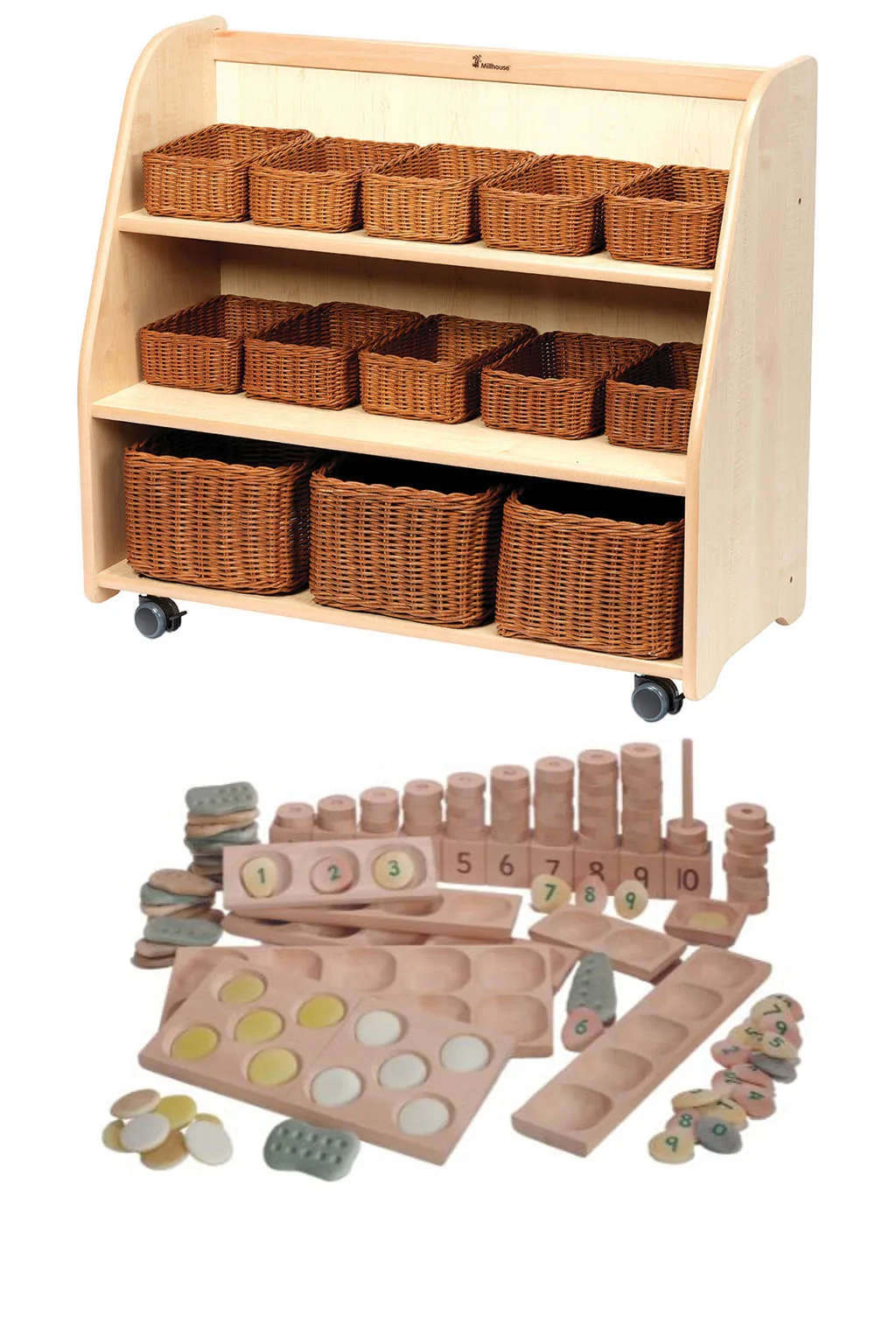 Mobiles Stufenregal mit Spiegelrückwand, Körben und PT1146 Kleinteile-Set — Millhouse Lernspielzeug Schule