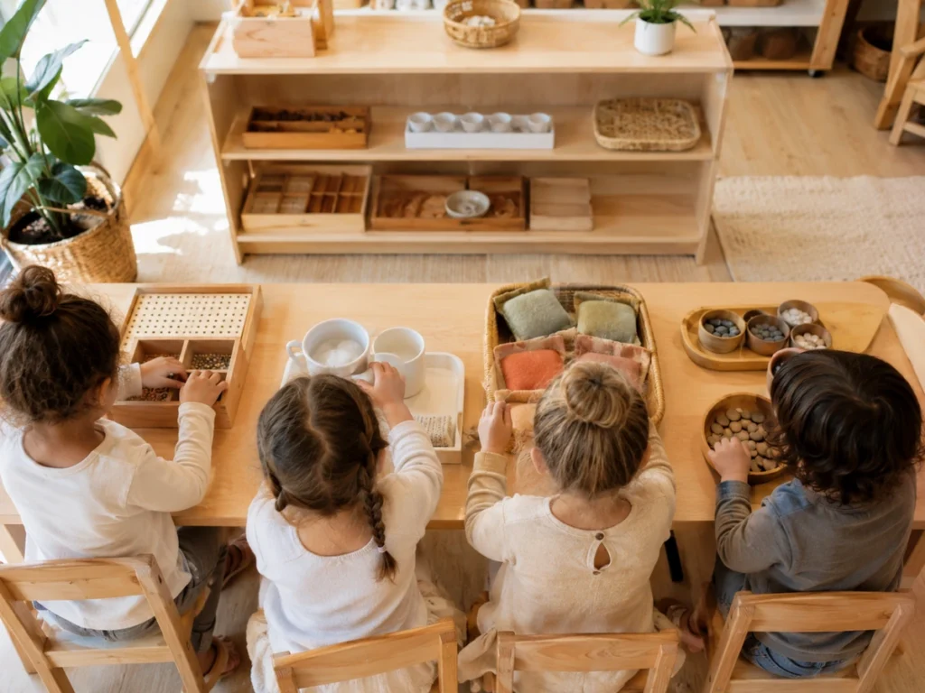 Vier Kinder am Materialtisch (nur Hände, Hinterköpfe), jedes mit eigenem Material — selbstgewählte Arbeitsphase.